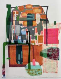 Image Schema #3 is an abstract assemblage on a white wall with layers of opaque plexiglass, and other plastics ensemble over a support of acrylic painted shaped canvas resulting in a composition with parts that come off the wall and that partly cover the frontal view.