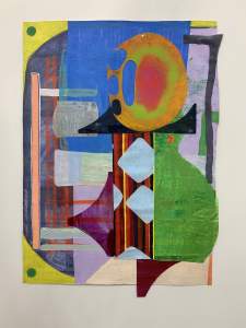 Towards, against, from #3 is an abstract assemblage on a white wall with several fragments of painted plastics are attached to a shaped canvas, in brightly colored overlapping rounded and geometric patterns.