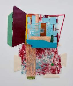 mage Schema #1 is an abstract assemblage on a white wall with layers of opaque plexiglass, and other plastics ensemble over a support of acrylic painted shaped canvas resulting in a composition with parts that come off the wall and that partly cover the frontal view.