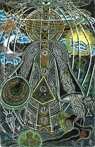 Cosmic Celestial Antiquities is an abstract, colorful artwork depicting a central human-like figure with geometric patterns, surrounded by cosmic, natural, and symbolic elements, including planets, trees, and clouds.