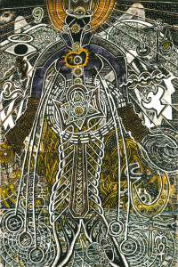 Ancestral Matriarchal Origins is an abstract artwork featuring a large, symmetrical figure with intricate, geometric patterns, numbers, and symbols in gold, white, and black tones, set against a highly detailed background.