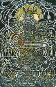 hey DJ is an abstract illustration with intricate, colorful patterns, numbers, swirling lines, a central heart shape, and a crowned eye at the top, all framed by overlapping circular designs.