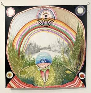 Back and Back is a colorful, abstract drawing framing a grayscale landscape with trees and a lake; circular patterns and rainbow arcs surround a central sphere near the bottom foreground.