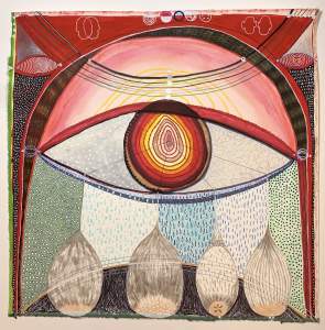 Egg Sacks is an abstract artwork featuring a red large eye at the center, radiating lines and patterns, with teardrop egg shapes extending from the eye,  and multicolored sections filling the background.