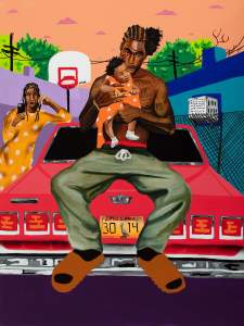 Family first depicts a Black man with tattoos, and half-finished cornrows sitting on a red car holding a baby; a Black woman in an orange dress stands nearby taking a photo on her phone. A basketball hoop, fence and trees are visible in front of a sunset sky..
