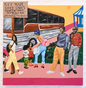 Angola Bus Ride is a square painting in warm saturated colors depicting 6 people near a bus, with a cardboard sign reading "See Your Love Ones Penitentiary 'Angola Bus'." A child wears a "Free My Dad" shirt.