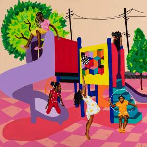 No boys allowed shows 5 colorfully dressed young Black girls on a colorful playground, with trees and telephone wires in the background.
