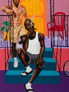 Chillin’ on the porch shows two Black men on blue steps outside a pink building; one is seated smoking, wearing a white tank top and shorts, while the other stands behind him in a plaid shirt and shorts.