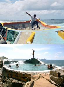 Two photos show a concrete bowl with raised curved sides, and decorated edge, installed in front of the Atlantic Ocean. At top, a skateboarder balances at the edge of the empty bowl. At bottom, the bowl is filled with water and used as a pool by various people.