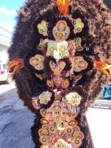 Denise Smith smiles slightly, only her face showing from an elaborate costume with brown feathers and colorful beaded designs formed symmetrically. She is a Black woman with medium dark skin tone.