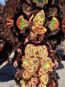 A Black man with medium skin tone, with only half his face and hands visible in an ornately decorated Indian masking suit, with detailed beaded medallions in tones of orange, burgundy yellow and green, flanked by radiating plumage of brown feathers.