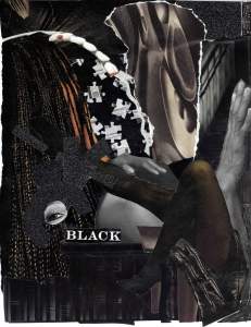 Yeyo is a collage featuring braided hair, an eye, puzzle pieces, a hand in prayer, a leg in black stockings and boots, abstract shapes, and the word "BLACK" on a dark background.