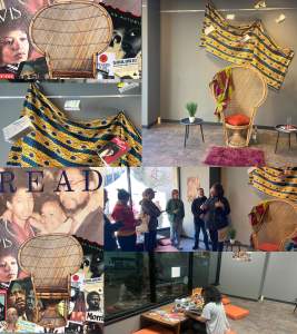 Montage of several photographs of an immersive sound installation and altar, showing Black fathers reading passages in front of a peacock chair altar, records of jazz music, a collage in the style of the 1980s READ posters featuring artist’s family and banned books.