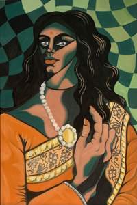 A person with long, wavy black hair and brown-toned skin is shown from the waist up in this painting, Wedding Guest Big Hands. The person looks off to our left with silvery gray eyes. A red bindi is between the eyebrows, and the person has full lips and a cleft chin. They wear a pumpkin-orange and yellow sari, and a white and yellow necklace. One oversized hand is held to the chest, and the background is made up of a wavy light and green checked pattern.