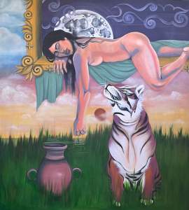In this painting, Swamp Dream, a nude woman lies face down along the bottom edge of an ornate gold frame, which floats over a tiger sitting in a grassy field. The woman appears to sleep with her cheek on one hand and the other arm hanging down. A handled pot sits in the long grass next to the tiger, and the sky in the background is streaked with translucent clouds across a blue, pink, and pale yellow sky.