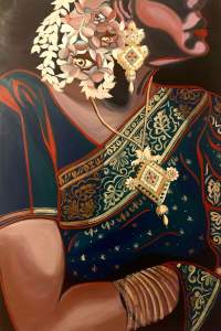 Painting titled Mother Moth shows a woman wearing a celestial-blue sari patterned with pale yellow and scarlet red. She is shown facing our right in profile from her nose and cheek to her elbow. A cluster of petals and human eyes rests over one shoulder, and she wears an ornate pendant and gold earring on the ear we can see.