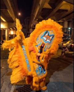 Only the nose, bared teeth, and one hand of the person wearing a marigold-orange feathered suit are visible in this photograph titled The Fox. A fox’s face on the head piece is surrounded by patterns, and the corona of features engulf the body. The person wearing it leans to our right and holds one arm up.
