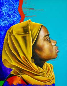 A young woman faces our right in profile in this painting, BLM. The woman’s skin is painted brown with gold-toned highlights. Her chin is tipped up, and she wears a rich yellow scarf that covers her head and wraps across her shoulders. A gold medallion near the ear we see has the letters “BLM,” and the background is vivid blues separated by a scarlet-red zigzag.
