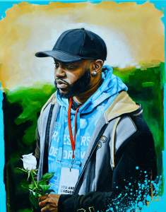 A man with brown skin and a black beard is shown from the waist up in this painting titled YOU ARE ENOUGH. The man looks off to our left with half-closed eyes and his shoulders squared in that direction. He wears a baseball cap, an earring, and a zip-up hoodie over a hooded sweatshirt. He holds a white rose, and a card on a lanyard around his neck reads “You Are Enough.”