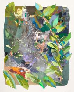 The wispy strands of a spider web span spring and cool green leaves in this painting and collage, which is titled 092322_3:30pm_46º32'01/5'N, 124º01'55.6"W,  The almost impressionistic view is made up of shapes or loose patterns made up of pure color.
