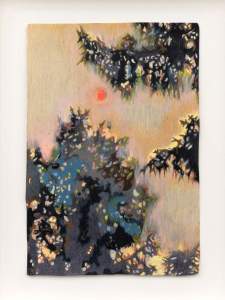 We look up into a hazy, peach-colored sky at a tangerine-orange sun in this drawing titled strange sky (091022). The undersides of evergreen canopies are shaded with fields of slate blue, nickel gray, black, and fresh green.