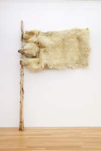 “White Flag” is a sculpture that stands against a white wall. A driftwood pole is grasped with the mouth and claws of a polar bear. The pelt of the bear extends to the right in a rectangle, like a flag.