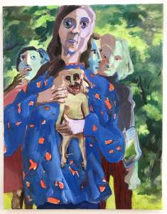 “Dog Baby” is an expressionist figurative painting centered on a woman with dark long hair and skin rendered in pinks, grays and purple, holding a thin greenish baby with a dog face against her bright blue and orange flecked shirt. Behind her are three figures with their faces closely crowded around her shoulders, rendered in greens, blues and peaches. Behind all of them is abstracted bright green vegetation.