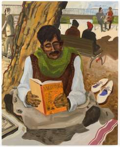 “Young Father” is an figurative painting centered on a mustachioed man with dark hair and medium dark skin sitting cross legged on a white and red blanket in a park, eyes cast down to an orange book titled “Neurochem”. He wears a brown sweater vest over a light striped shirt, and a bright green scarf is gathered around his neck. His white dress shoes sit to the side, and a trench coat lies over his lap.