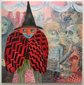 “Leftover Party Witch” is a figurative painting focusing on a blue-skinned witch with a pointy black hat, whose eyes dart to the left under an orange mask, and huddles under a bright red and black zig-zag shawl. Behind her are various figures engaged in party conversation, rendered in brushy pastel blues, yellows and reds. Across the top stretches a ribbon bunting with bows.