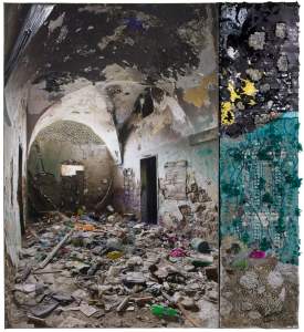 “Growing Inside” is a mixed media image assemblage, nearly square and made of two panels. In the larger left panel is a photograph of a dilapidated interior in space in Haifa, Israel. It has a vaulted ceiling, crumbling walls, and the floor is covered with debris and trash. Cement is pushed through areas of the photograph, creating areas of texture. On the panel to the right, the architectural scene is extended, but articulated in fabric, lace, sequins and paint.