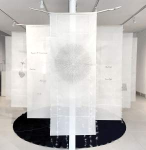 “I am the Emptiness” is an installation of 7 vertical banners of translucent white silk hung on white driftwood above a black circle, evenly staggered back from a center banner. The center banner has radiating fine black lines in a circle. The first banner to the left reads in small script font “Beyond All Consciousness Emptiness Hollowness I Am”. The banner to the right of center reads “The Void Into Light”. Other banners have partially visible linear illustrations of a flower growing from a root ball and a disembodied foot.