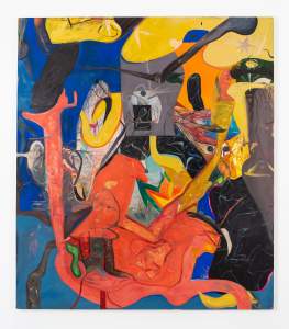 Theory and Law is an abstract painting featuring a jumbled mix of vibrant colors, shapes, and overlapping forms, including reds, blues, yellows, and blacks. Various lines and textures are interwoven throughout the canvas.