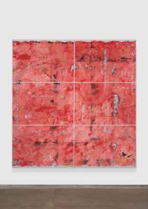 Untitled (#01-22) is a large abstract painting featuring a red-toned background with various textures, with silver lines intersecting to form rectangles, and scattered black and white splatters throughout.