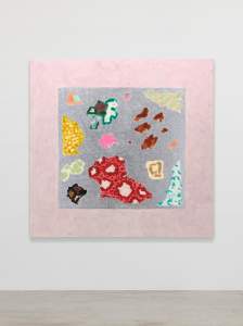 Untitled (#10-23) is a nearly square abstract painting with a thick pink border enclosing a smaller square field of mottled silver on which irregular organic shapes float, reminiscent of state or island shapes.