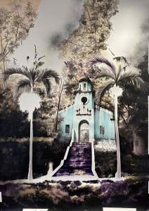 Correctional faith is a painting of small, blue chapel with a bell tower stands at the top of a staircase, surrounded by trees and flanked by two tall palm trees.