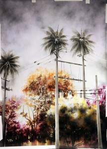 The tropicalized notion of power depicts a suburban scene. Above autumnal foliage rise utility poles with power lines topped with palm tree foliage, against a dramatic, cloudy sky.