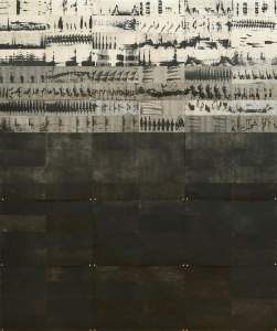 Kani Le'a is a grid of prints arranged in a  large rectangle composed of gray and white spectrograms mapping the unique calls of endangered and extant Hawaiian forest birds. The prints are arranged from light to dark, graduating down to blackness.