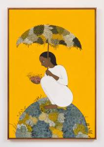 A Place dear to me depicts a person dressed in white, squatting on a patterned sphere, holding organic items in one hand and in the other an umbrella made of patterned flowers and leaves, set against a marigold yellow background.