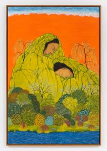 Mountain Women depicts two figures with heads bent down towards each other. Their green rocky cloaks form rounded mountains from which willow trees grow. Below them are clusters of bushes and trees and a river.
