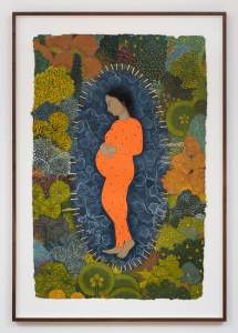 Portrait of a Woman centers on a woman with hands over her pregnant belly, wearing orange and dotted with eyes. She is encircled with a blue spiral-patterned oval, and further framed with clusters of patterned vegetation.