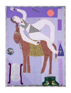 Seven Deadly Sins “Pride” is a quilt with a purple base depicting a woman wearing a checkerboard bikini reclining on a donkey.