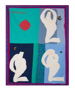 On Bended Knee is a colorful quilt with four human figure silhouettes in different poses on a multi-toned background, bordered in purple with red and blue patterns.