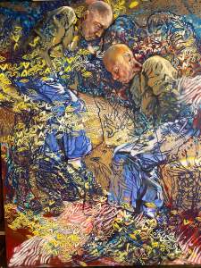 Blue is a vertical painting with two views of the same Black man peacefully sleeping on a couch, his body gently curled in on himself, surrounded by an explosion of pattern and color that envelops the figures like a blanket.