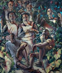 Sylvia depicts 5 views of a Black woman standing and 2 Black men seated with an elbow on knee among dense foliage and flowers, with varied facial expressions and gestures, in a detailed, painterly style.