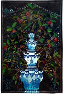 Dream Map and Cornucopia with Tulipiere depicts a tiered blue and white porcelain tulip vase with figures, from which extends symmetrical painted branches, leaves, and fruit against a dark background. Each tier of the vase depicts a scene including Spanish invaders against Aztecs, an “Indian” mixing chocolate with a wood mixer.