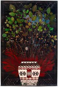 Dream Map and Cornucopia with Flames depicts white and red vase with geometric shape, from which cocoa leaves extend vertically. Behind the vase are red flames and linear figures.