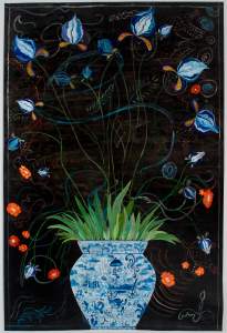 Dream Map and Cornucopia with Poppies and Irises depicts a blue and white vase holding long green leaves and tall stems with blue and white flowers, set against a dark background with orange flowers and decorative patterns.