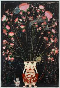 Dream Map and Cornucopia with Green Eyes depicts a stylized vase with a face holding large, blooming pink flowers with green stems on a black background, surrounded by linear drawings and a small cat-like figure to the left of the vase. Text in an arc along the right side reads “A sudden give in our future”.