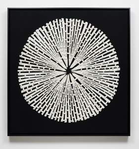 Precession is a square artwork with a radial white form composed of linear white ceramic rays intersected with short connecting bars, over a black background.
