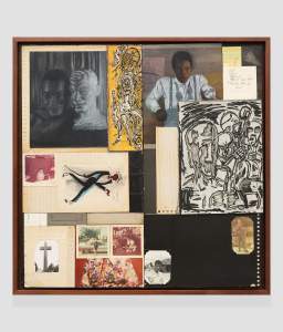 Jimmie and the Blue Whale is a paper collage of photographs and drawings in a square wooden frame, including a photo of sculpture busts, a painting of a Black man, handwritten notes, and abstract figurative sketches arranged in a grid pattern with various colors and textures.